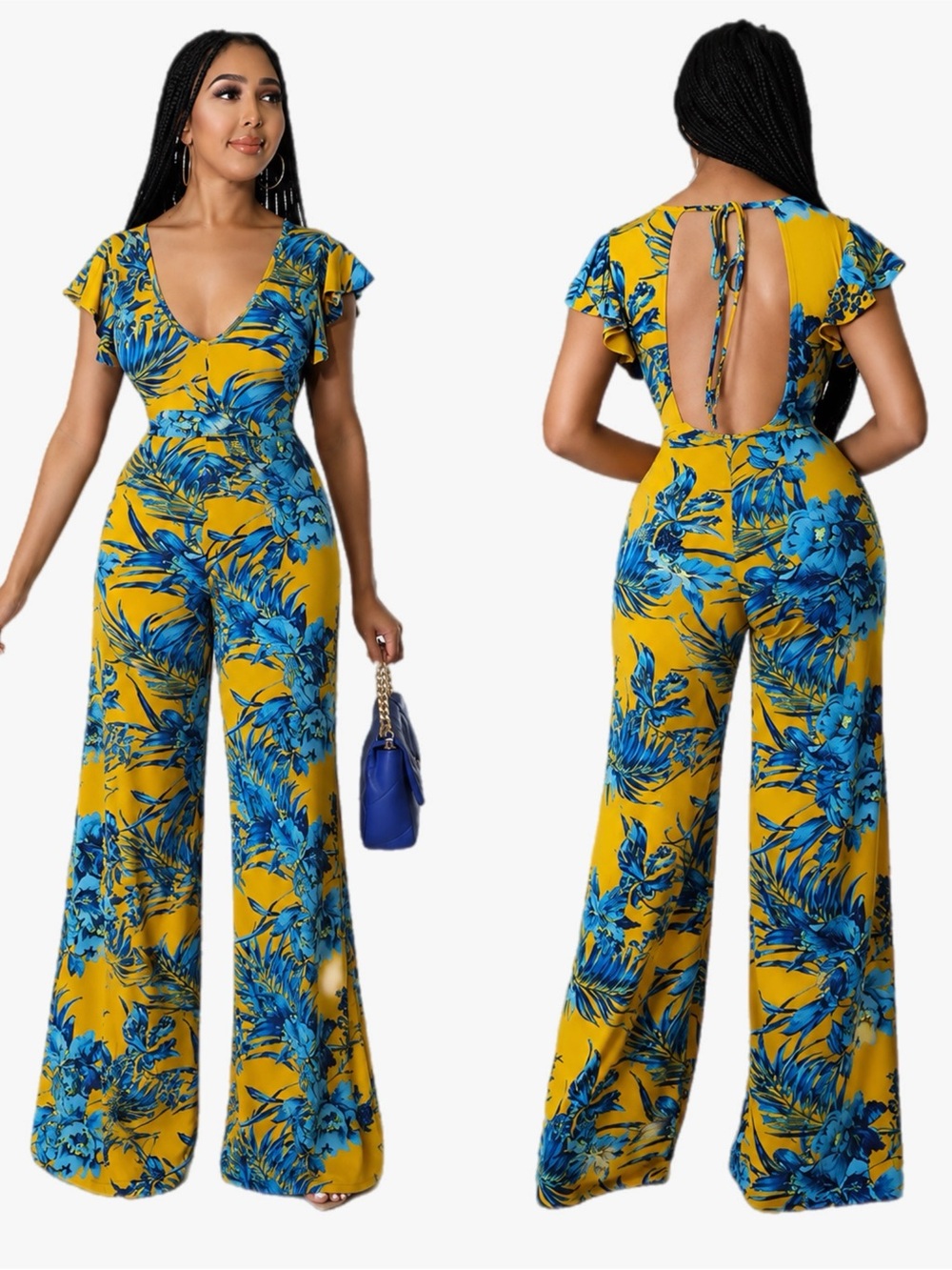 Good Time USA Floral Tropical Flutter Sleeve Wide Leg Jumpsuit Women Sz Small